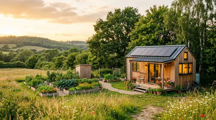Tiny house in a rural setting with solar panels and garden, surrounded by trees and open space.