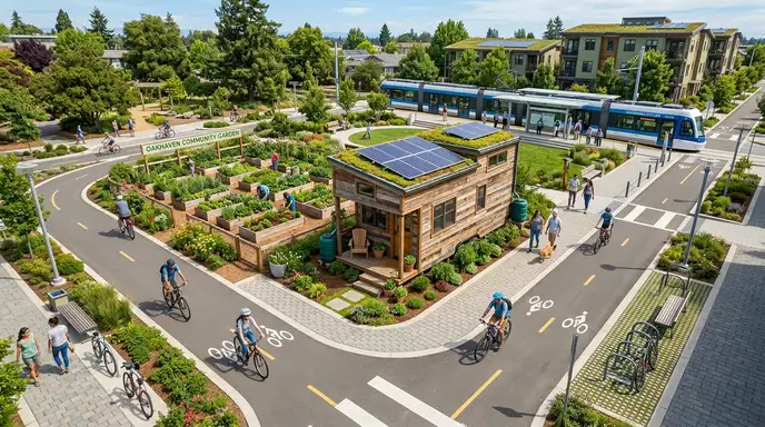 Tiny house in an urban setting with bike lanes, walkways, and community gardens nearby.