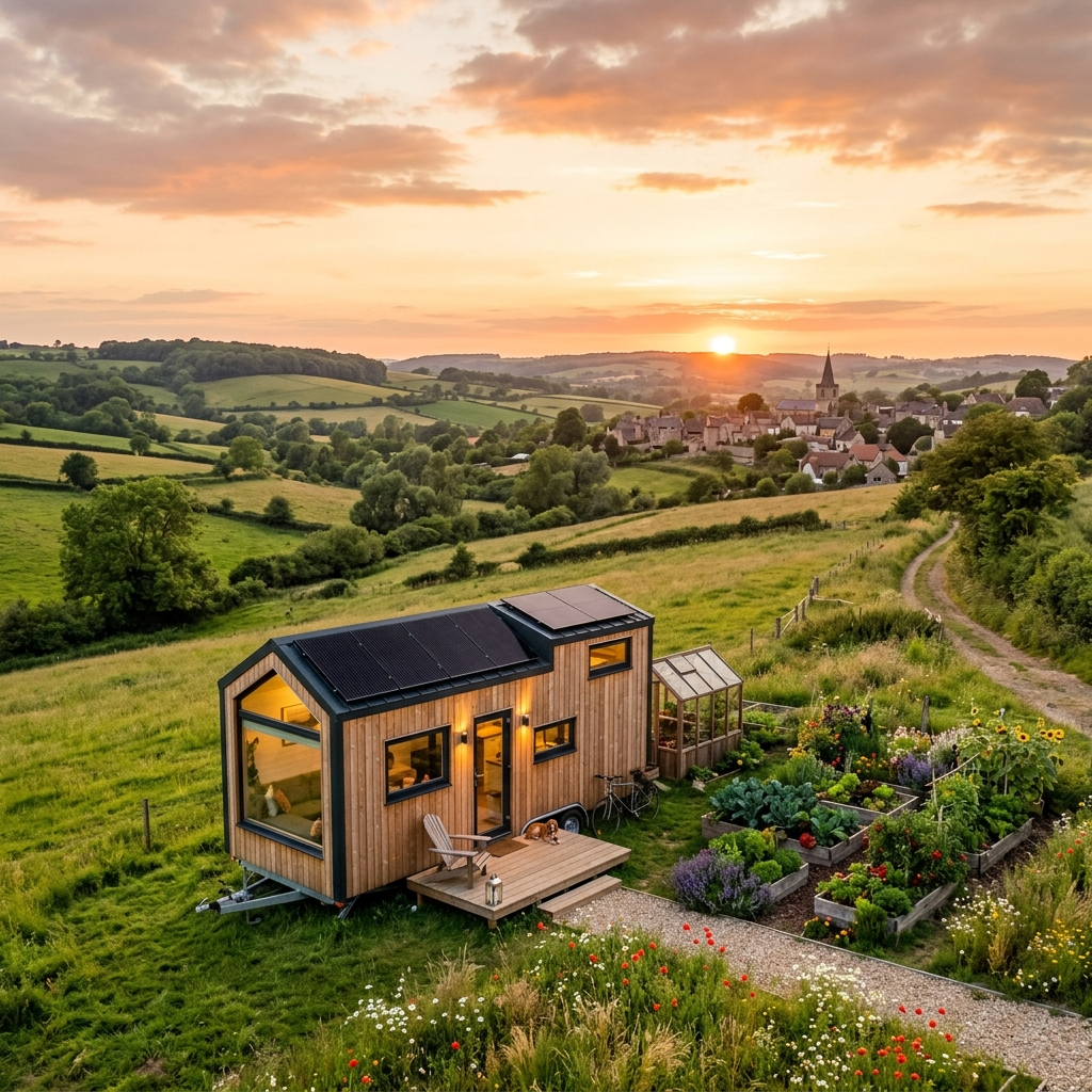 Tiny house in countryside with rolling hills and a small town in the distance.