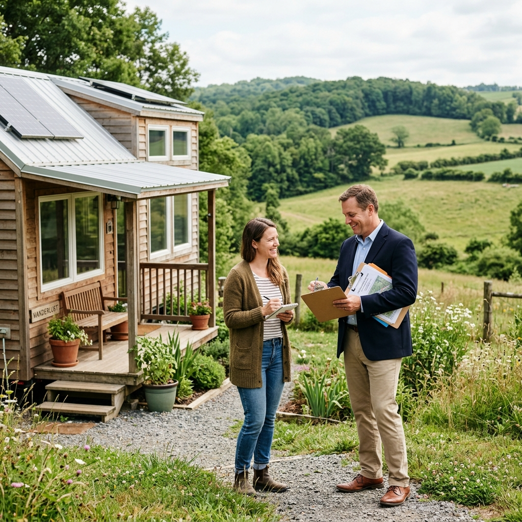Tiny house in rural area with person and official discussing zoning law documents.