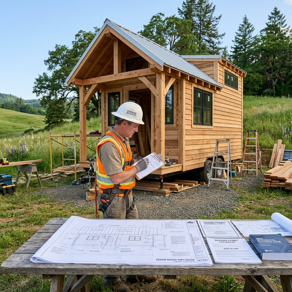 Tiny house inspection with blueprints and zoning documents in a green landscape.