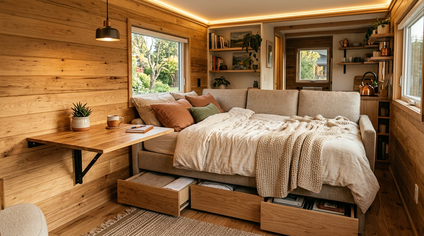 Tiny house interior with a sofa bed and foldable wall table, maximizing functionality in a small space.