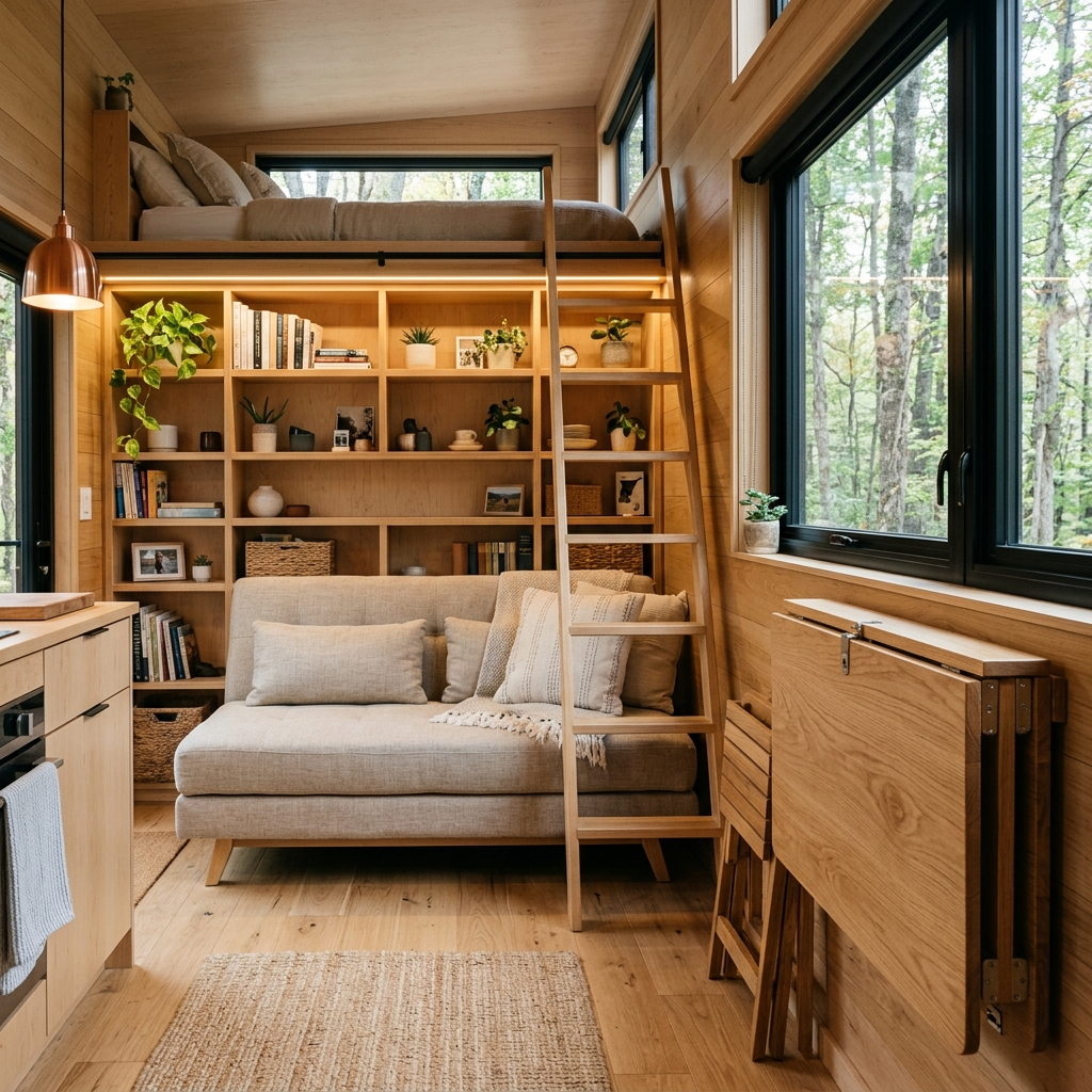 Tiny house interior with space-saving furniture like a foldable table and convertible sofa bed.