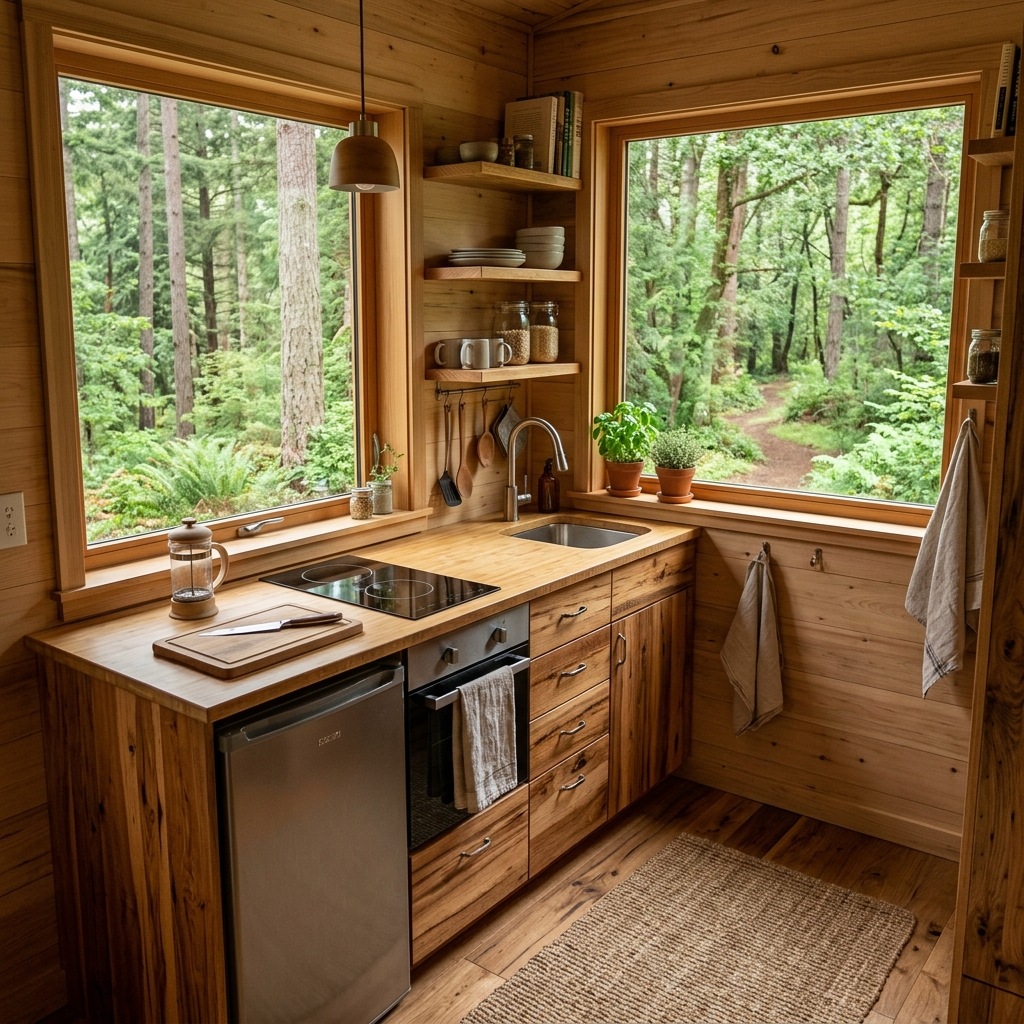 Tiny house kitchen with sustainable materials and compact appliances from a DIY kit.