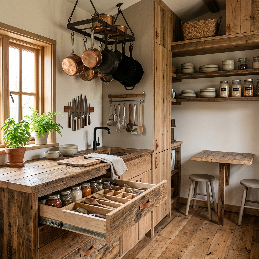 Tiny house kitchen with under-counter drawers, hanging organizers, and a ceiling-mounted pot rack for storage.