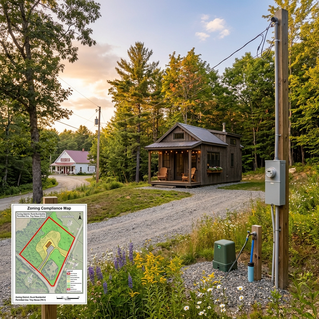 Tiny house land with utilities, zoning map, and nearby amenities.