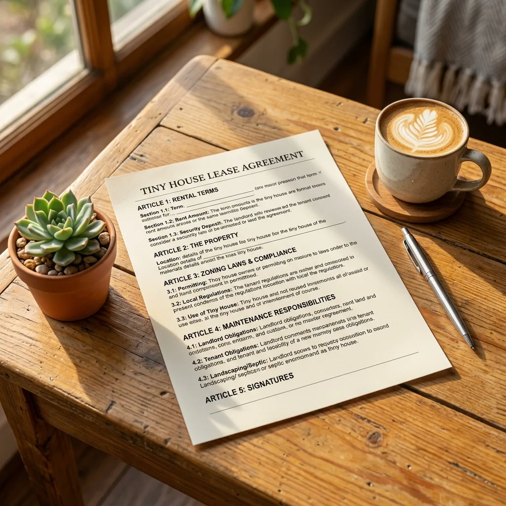 Tiny house lease agreement on a table with a pen and coffee mug, emphasizing rental considerations.