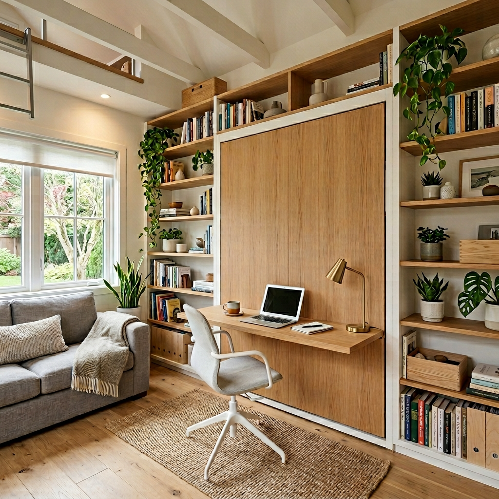 Tiny house living area with a Murphy bed folded up, revealing a workspace and built-in shelves for vertical storage.