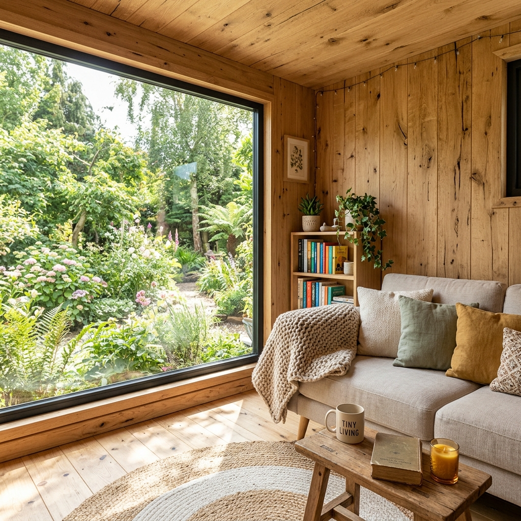 Tiny house living room with natural wood walls and compact furniture from a DIY kit.