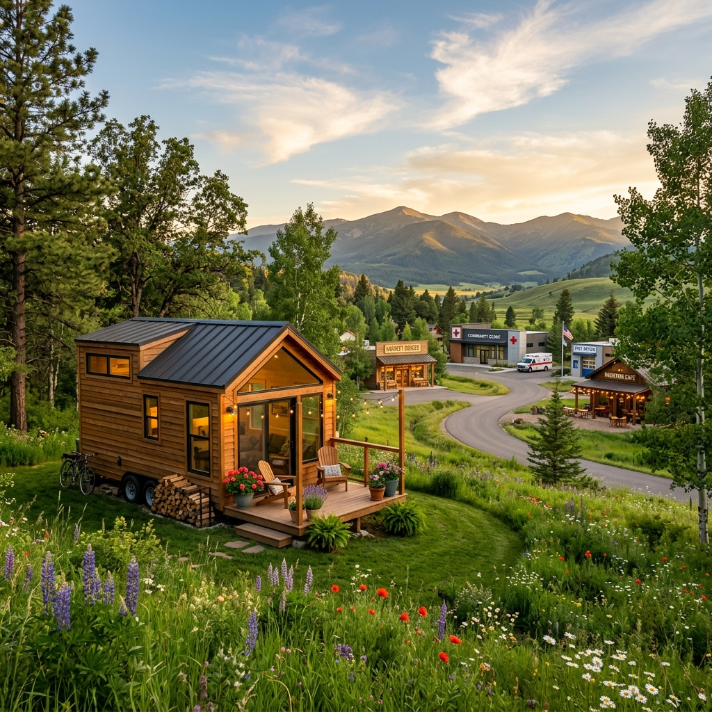 Tiny house near amenities like a grocery store and hospital in a serene location.