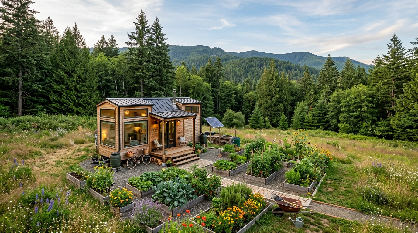 Tiny house on a cleared plot with a forest backdrop and garden.