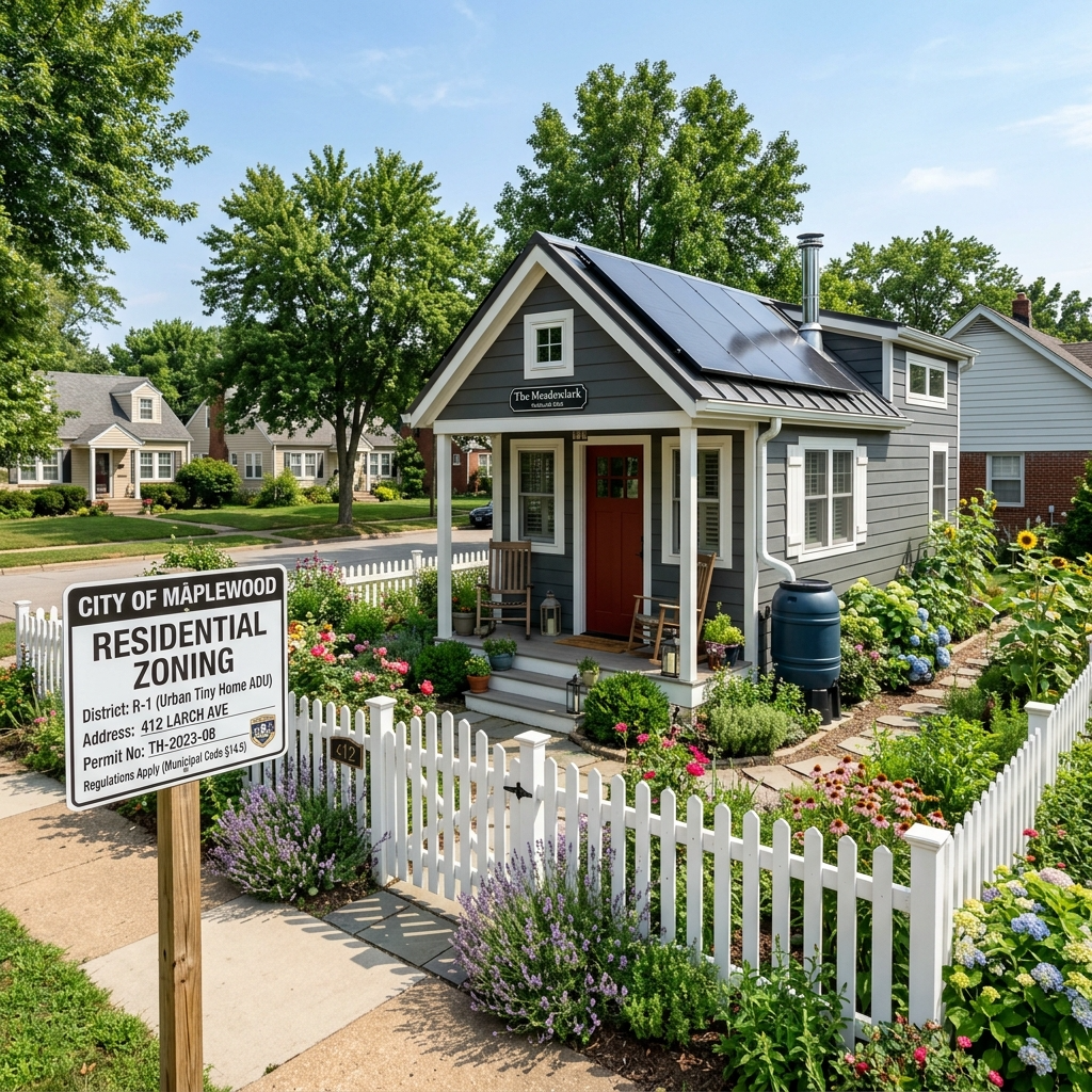 Tiny house on a foundation with solar panels and a garden in a suburban area.