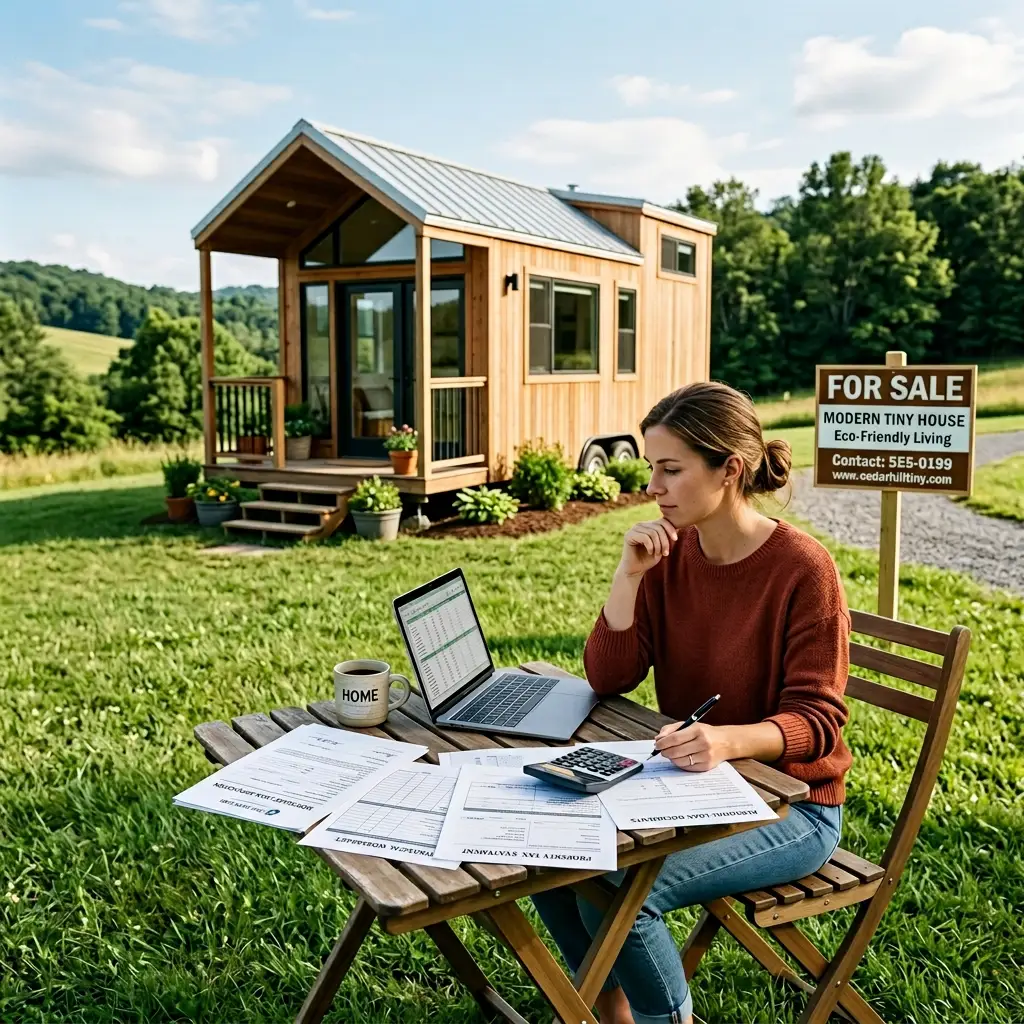 Tiny house on a plot with 'For Sale' sign and person reviewing financing options on a laptop.