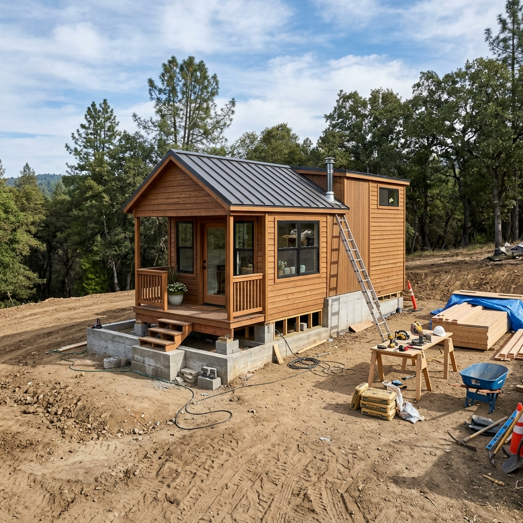 Tiny house on a prepared plot with foundation and construction tools nearby.