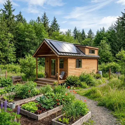 Tiny house on a quarter-acre plot with solar panels and a garden, surrounded by greenery.