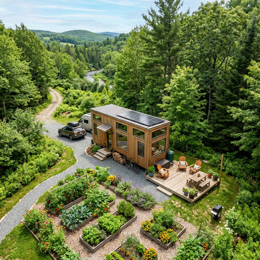 Tiny house on a scenic plot surrounded by trees with a garden and patio for outdoor living.