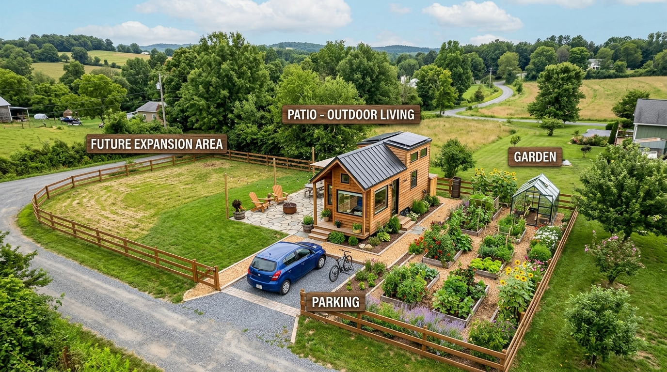 Tiny house on a small plot with garden, parking, and patio, showing space utilization.