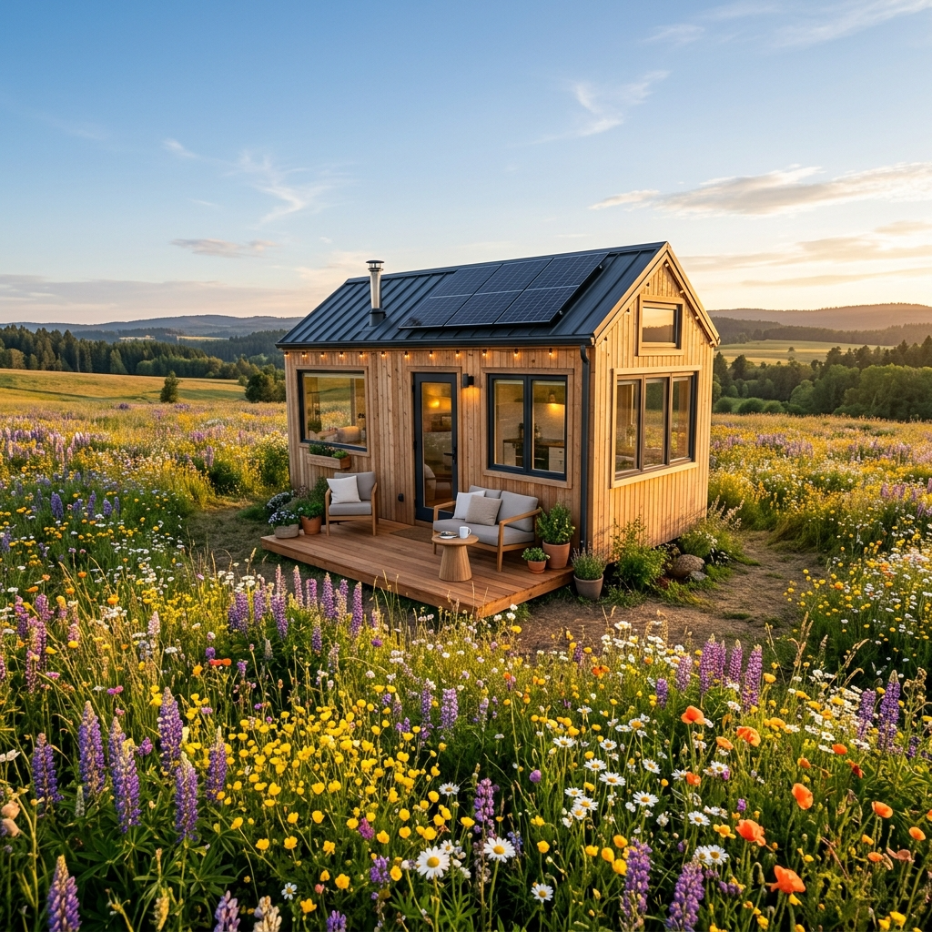 Tiny house on a sunny plot surrounded by wildflowers with a patio area.