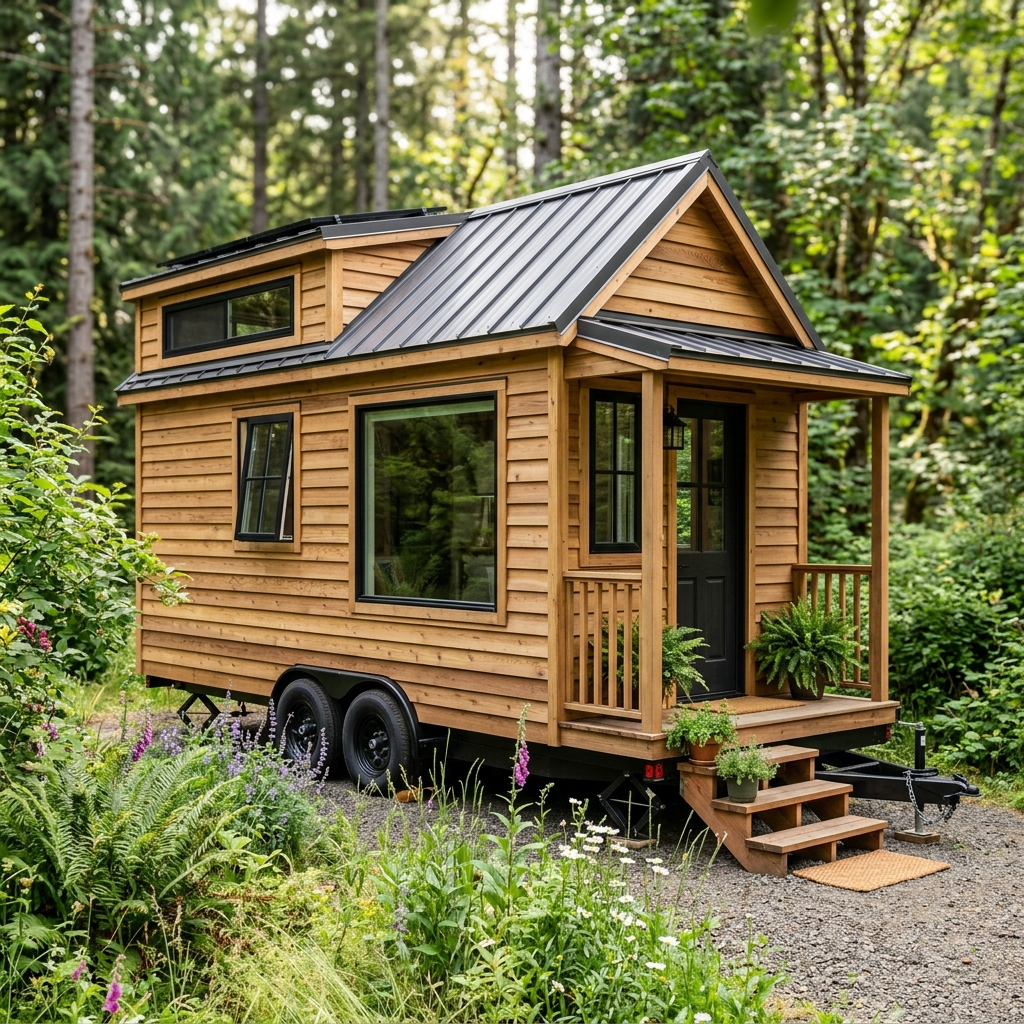 Tiny house on a trailer surrounded by greenery, highlighting eco-friendly and minimalist living.
