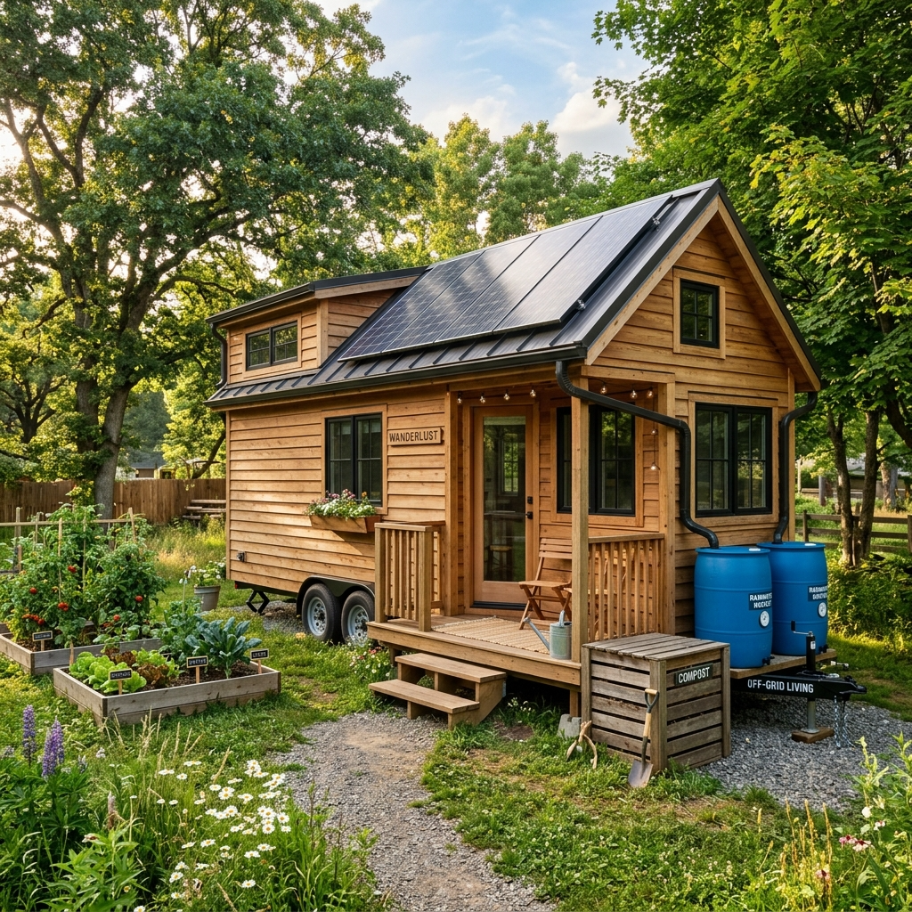 Tiny house on eco-friendly rental land with solar panels, rainwater system, and vegetable garden.