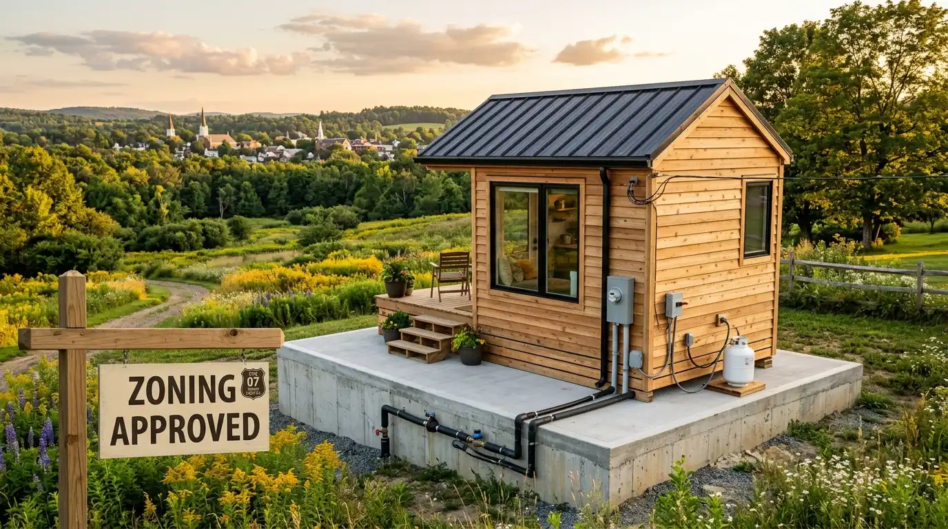 Tiny house on foundation with utility connections and zoning approval sign in natural setting.