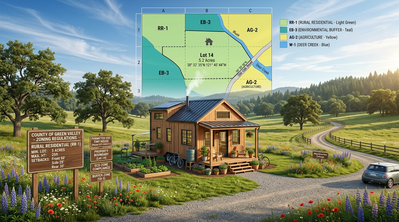 Tiny house on land with zoning signs and map overlay showing zoning regulations.