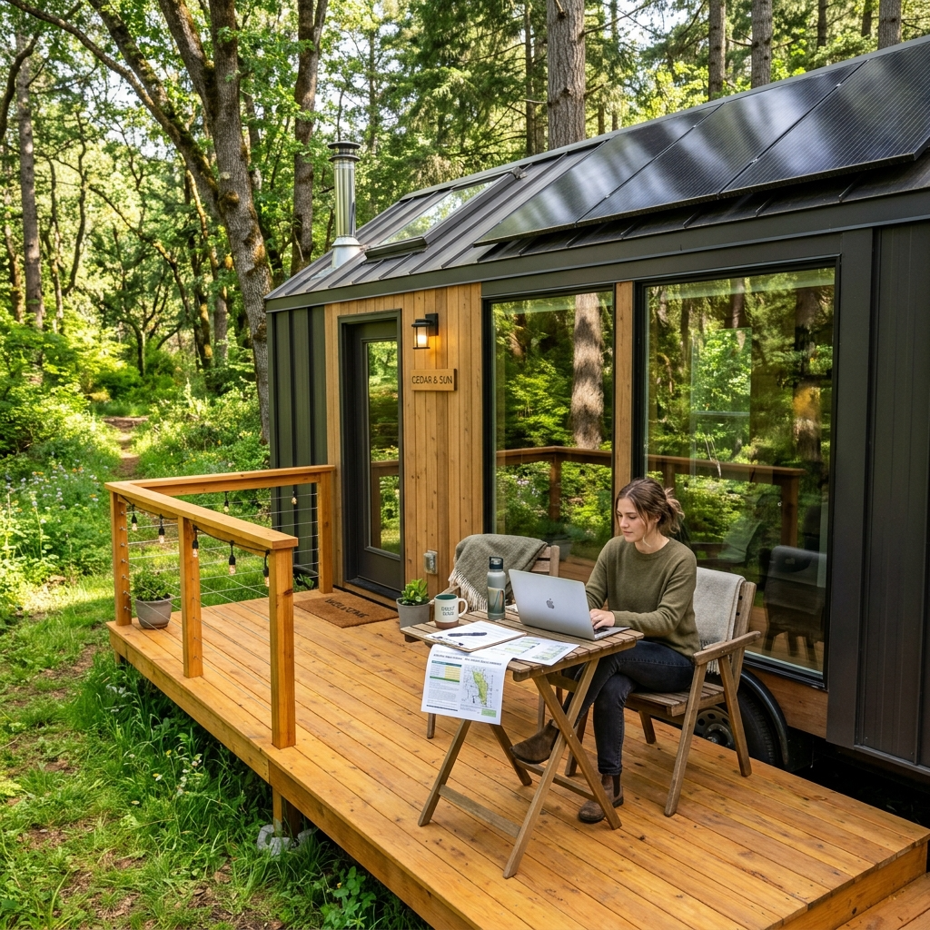 Tiny house on private land with zoning law documents and laptop for research.