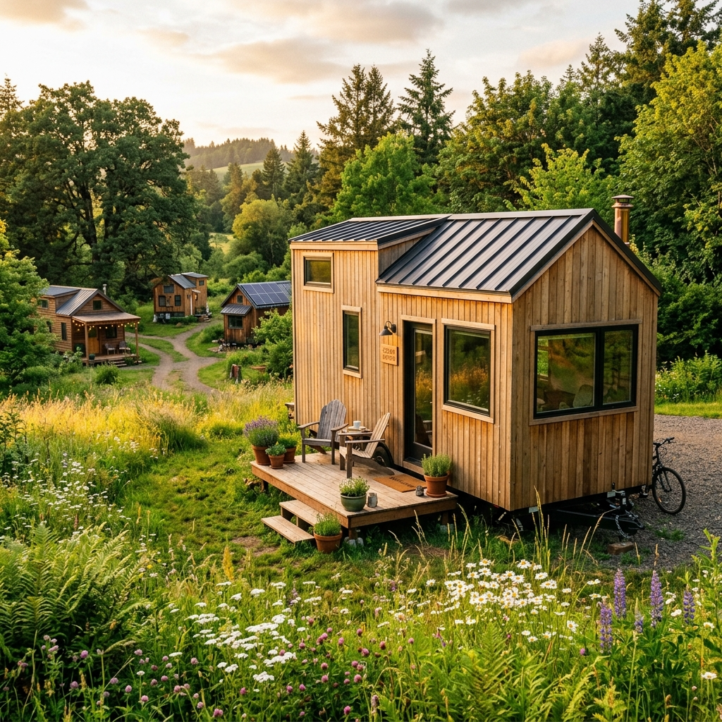 Tiny house on rented land surrounded by greenery and a small community of homes.