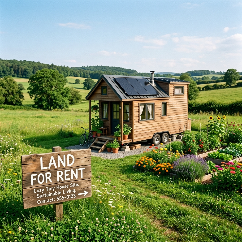Tiny house on rented land with a garden and solar panels.