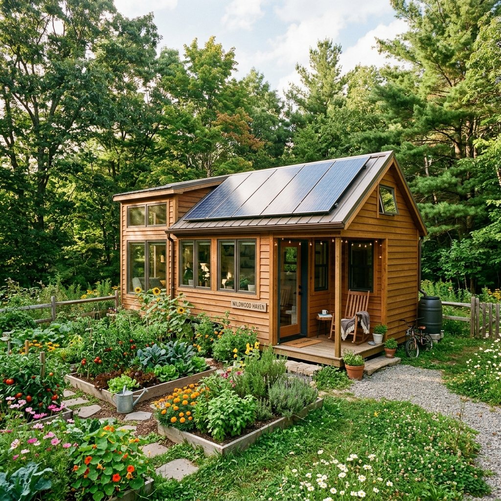 Tiny house on rented land with solar panels and garden, showcasing sustainable living.