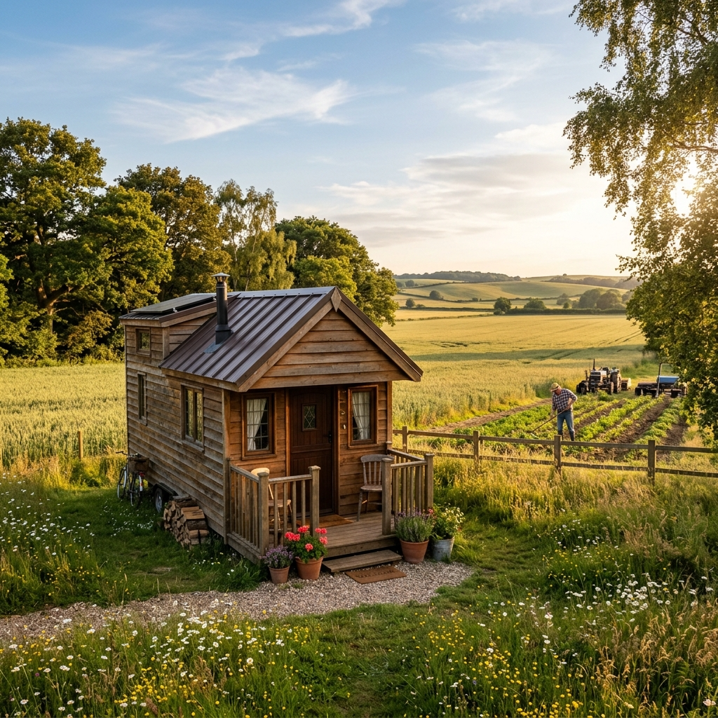 Tiny house on rented rural land with open fields and a farmer in the background.
