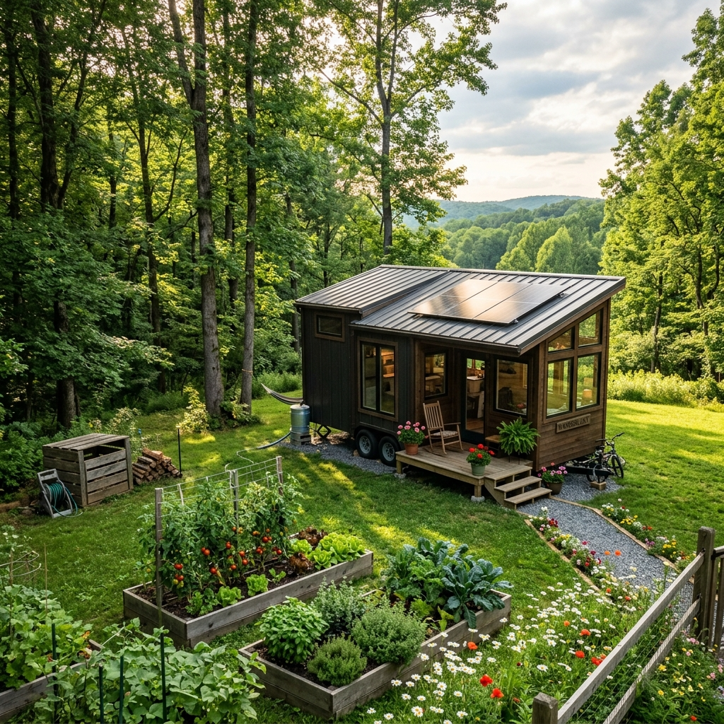 Tiny house on rented rural land with trees, garden, and solar panels for sustainable living.