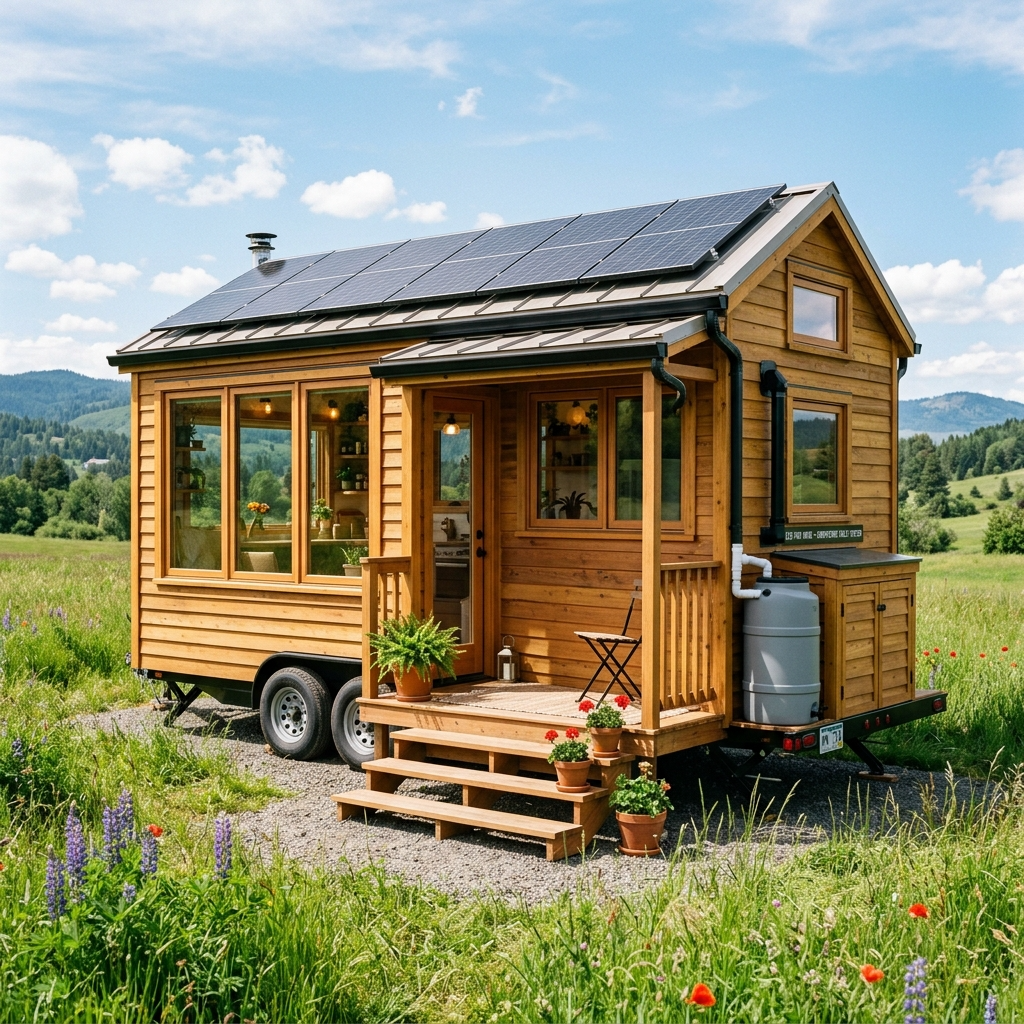 Tiny house on wheels in a green meadow with solar panels and eco-friendly features.