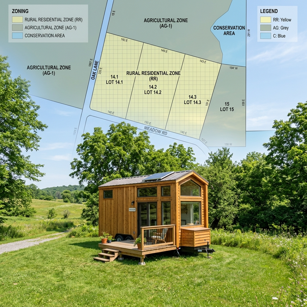 Tiny house on wheels parked on a rural property with zoning map overlay.