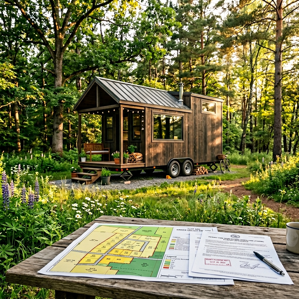 Tiny house on wheels with zoning map and legal documents on a table, emphasizing land research.