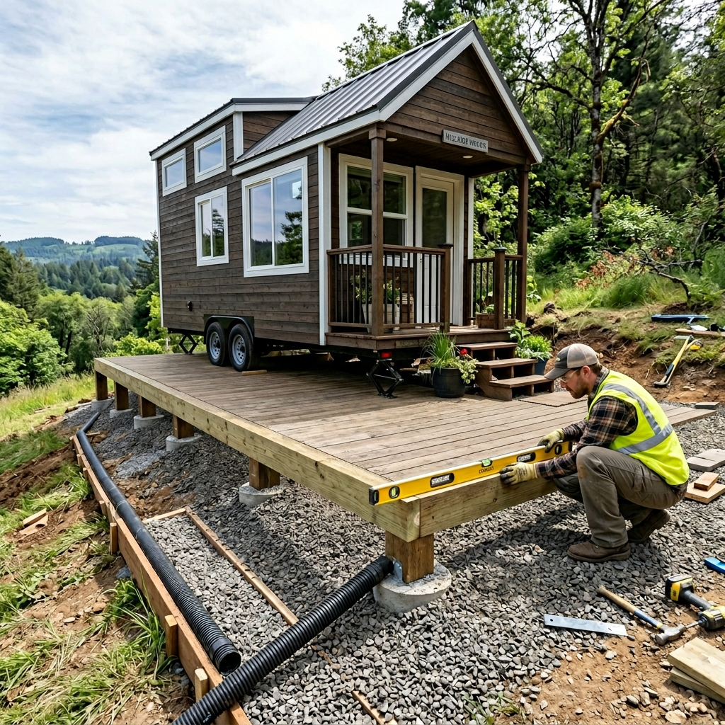 Tiny house parked on a slope with leveled ground and drainage system.