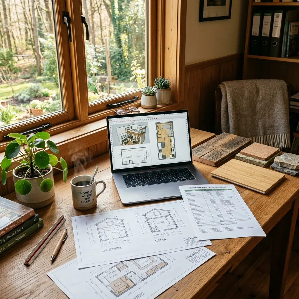 Tiny house planning workspace with blueprints, eco-friendly materials, and sustainable living elements.