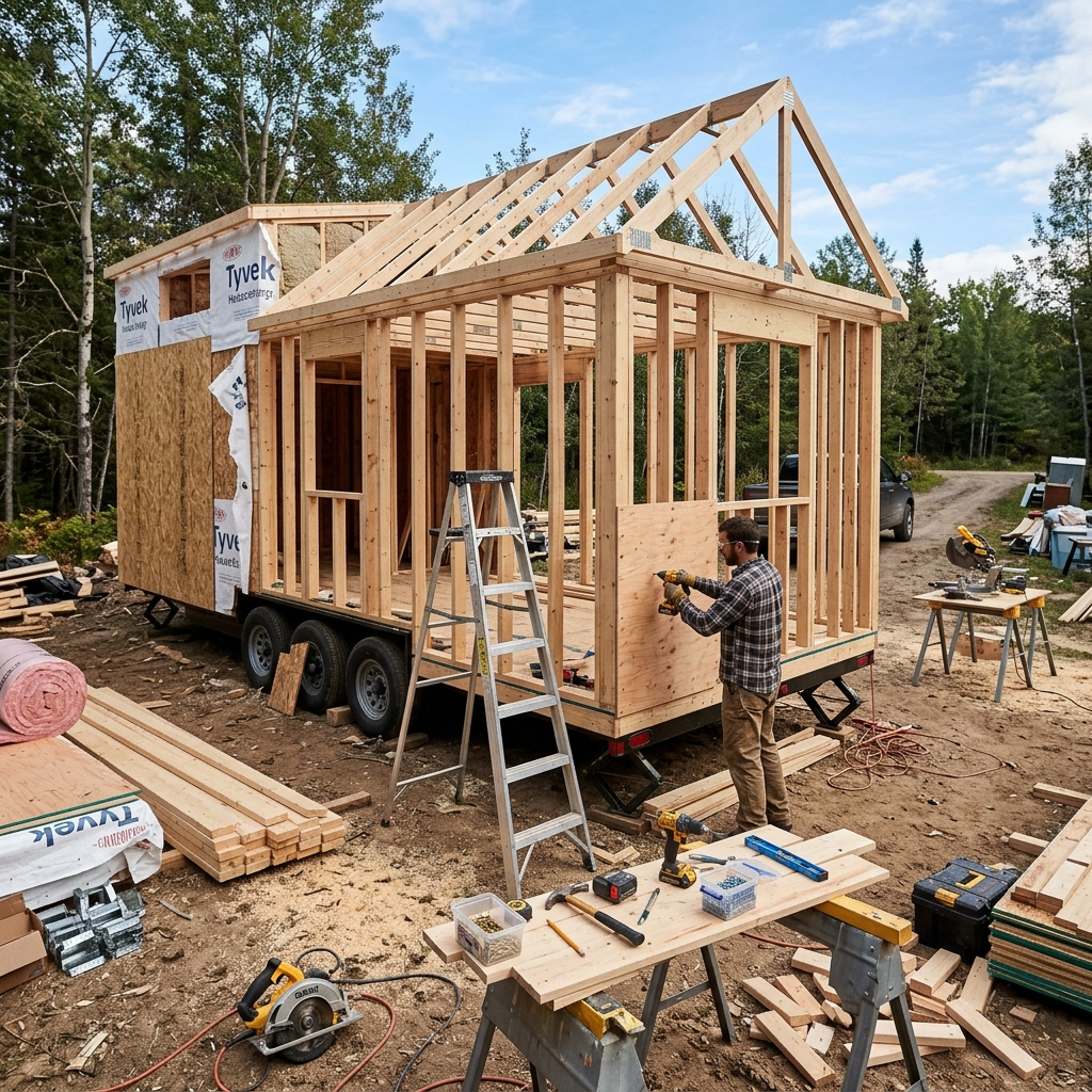Tiny house shell under construction with tools and materials.