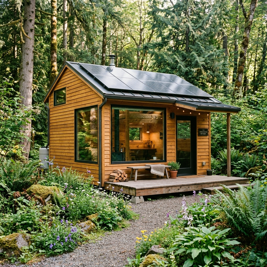 Tiny house surrounded by greenery emphasizing minimalist living close to nature.