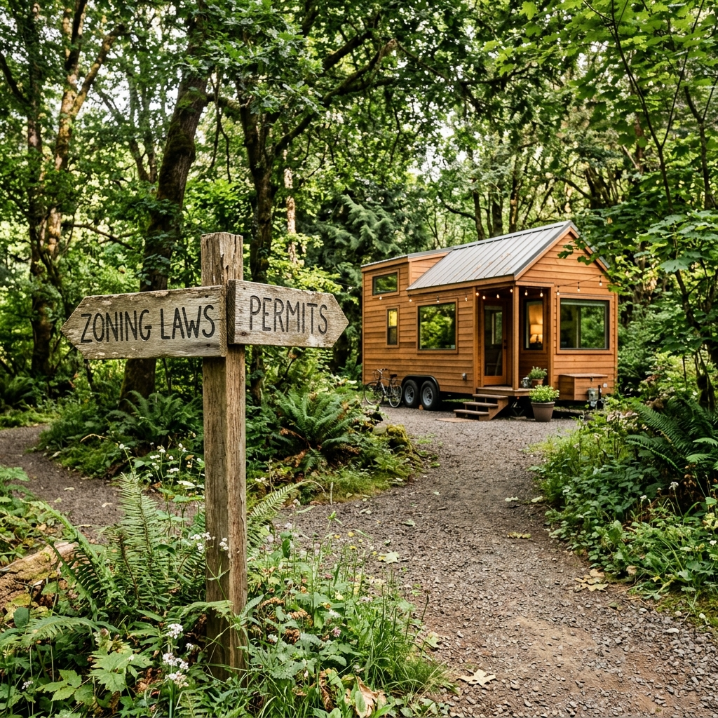 Tiny house surrounded by greenery with signpost showing zoning laws and permits directions.