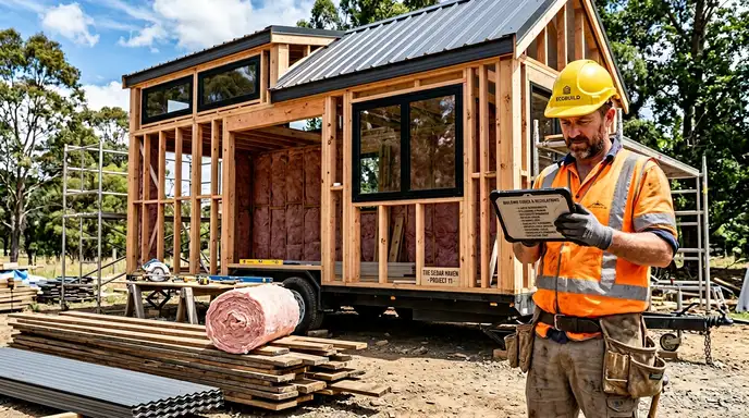 Tiny house under construction with builder reviewing building codes on a tablet.