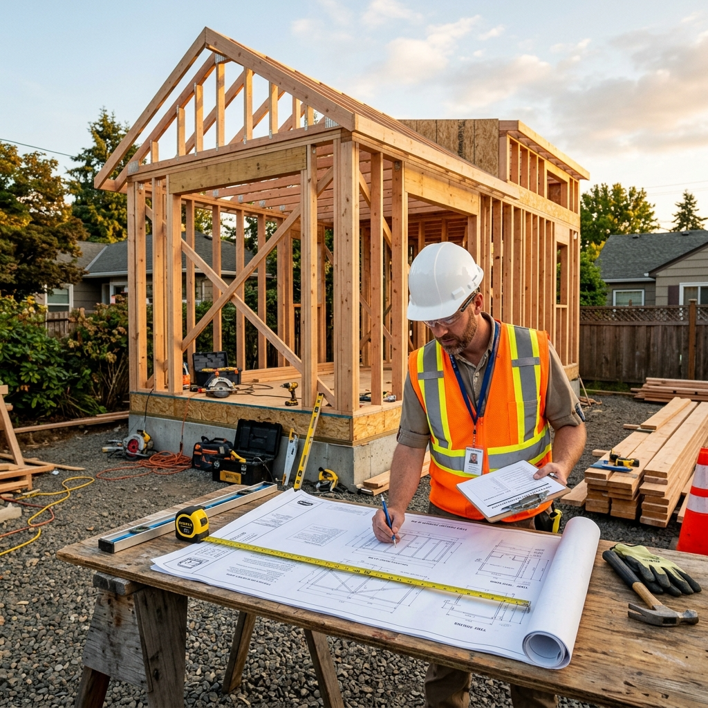 Tiny house under construction with inspector reviewing blueprints for building code compliance.