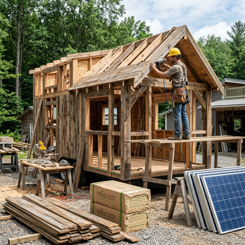Tiny house under construction with sustainable materials and solar panels.