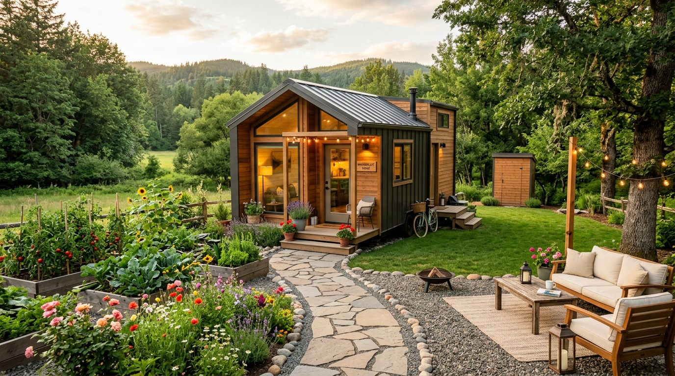 Tiny house with landscaped yard, garden, and outdoor seating area in a serene natural setting.