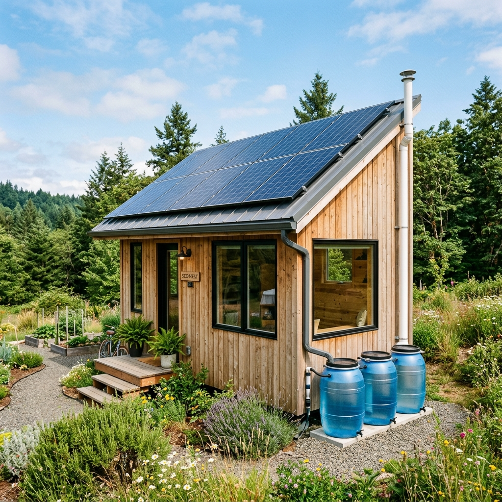 Tiny house with solar panels and eco-friendly features.