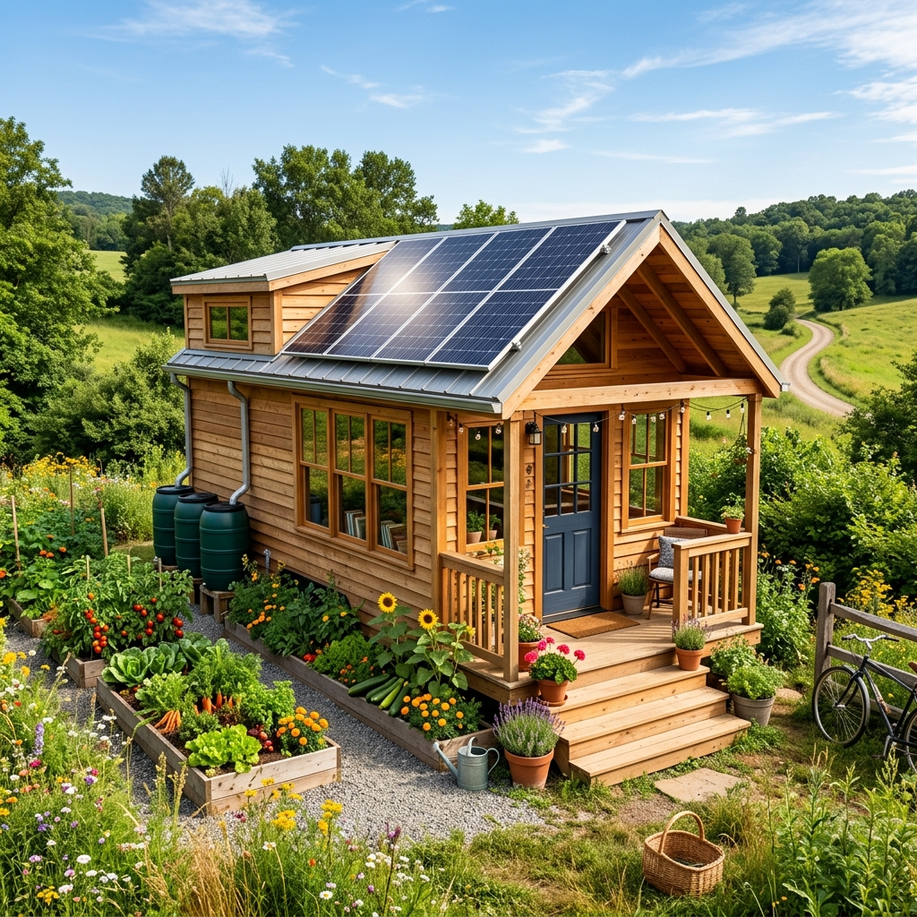 Tiny house with solar panels and garden in a lush rural setting, emphasizing sustainable living.