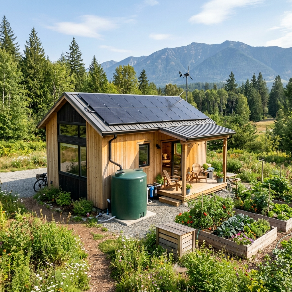 Tiny house with solar panels and rainwater collection system for sustainable living.