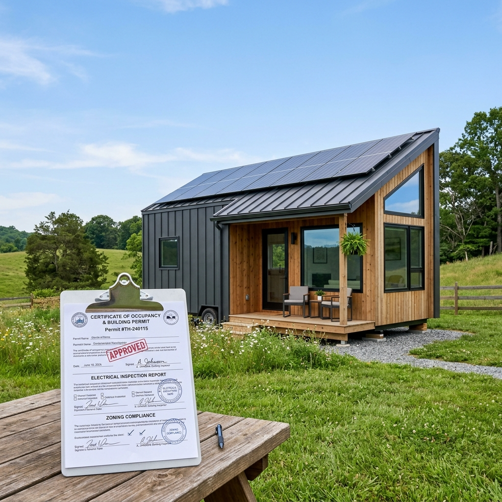 Tiny house with solar panels on grassy land, clipboard with permits and inspection documents nearby.