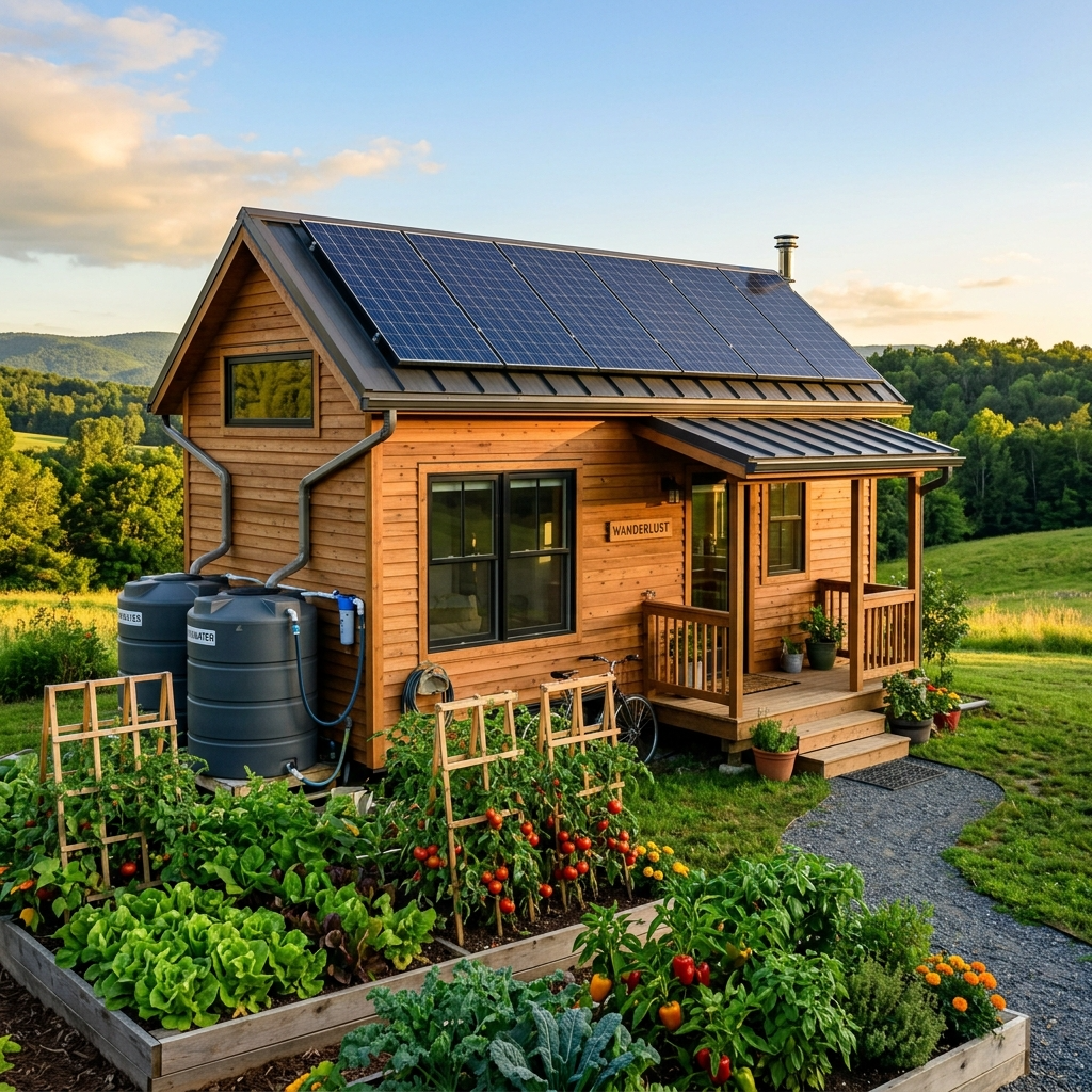 Tiny house with solar panels, rainwater collection, and vegetable garden for sustainable living.