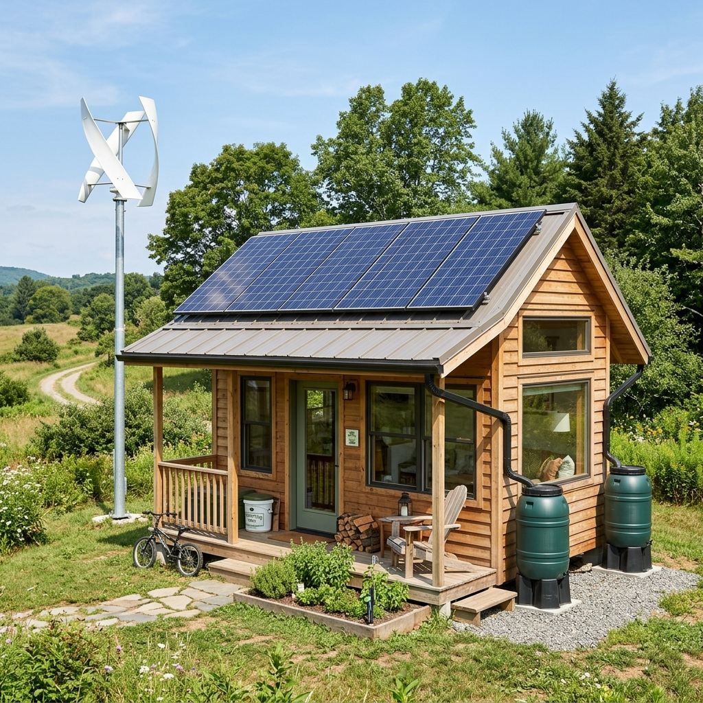 Tiny house with solar panels, rainwater harvesting, and a wind turbine for sustainable living.